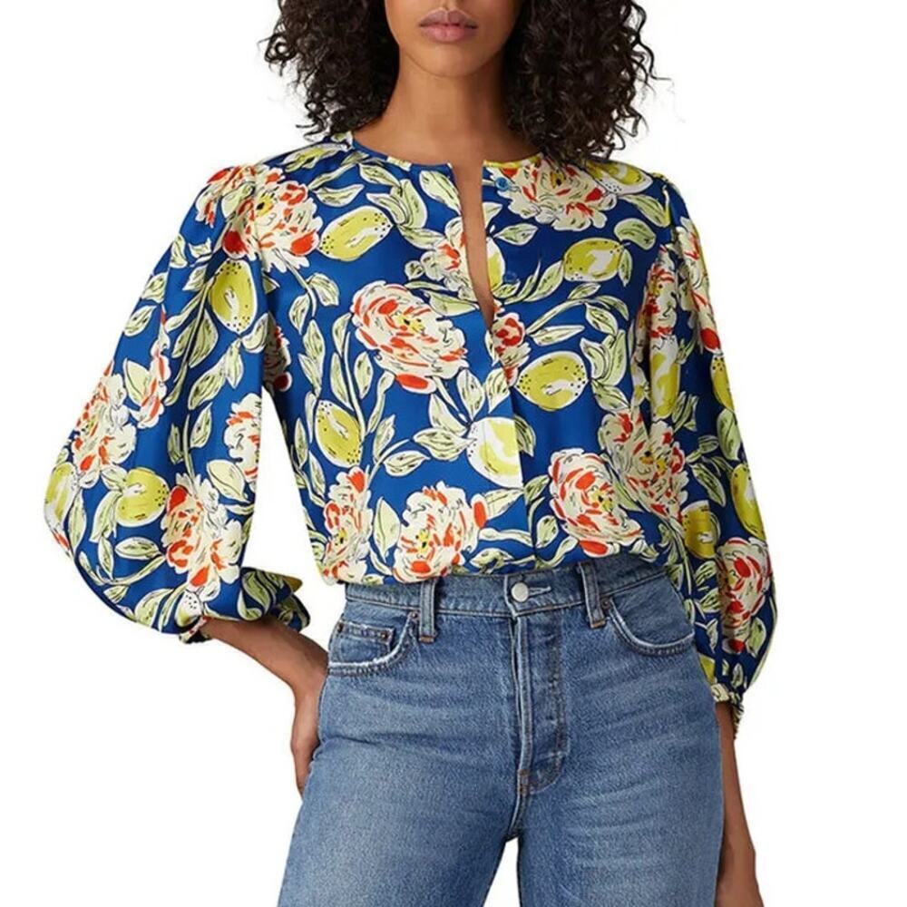 Hunter Bell Finley Top Silk 3/4 Sleeve Blue Yellow Lemon Print Size M